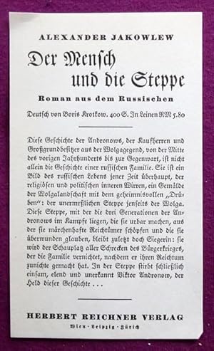 Image du vendeur pour Werbung fr das Buch "Der Mensch und die Steppe" (Werbeprospekt des Verlages) mis en vente par ANTIQUARIAT H. EPPLER