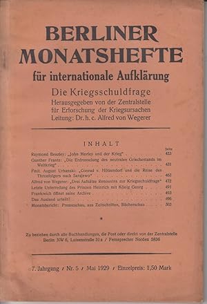 Bild des Verkufers fr Berliner Monatshefte fr internationale Aufklrung. 7. Jahrgang / Nr. 5 / Mai 1929 zum Verkauf von Allguer Online Antiquariat