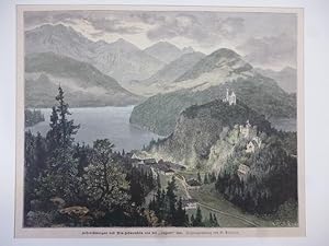 Orig. kolorierter Holzstich - Hohenschwangau und Neuschwanstein von der Jugend aus. Originalzeich...