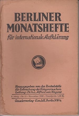 Bild des Verkufers fr Berliner Monatshefte fr internationale Aufklrung. 8. Jahrgang / Nr. 11 / November 1930 zum Verkauf von Allguer Online Antiquariat