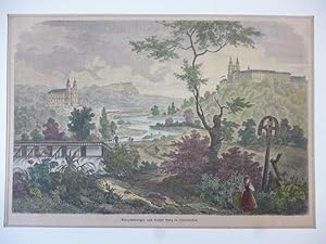 Orig. kolorierter Holzstich: Vierzehnheiligen und Kloster Vanz in Oberfranken.