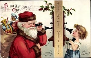Künstler Ansichtskarte / Postkarte Clapsaddle, Ellen H., Frohe Weihnachten, Weihnachtsmann, Telef...