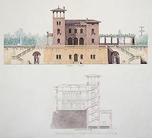 Original-Zeichnung ( Entwurf / deutsch ) einer Villa im italienischen Stil: Seitenansicht/Fassade...