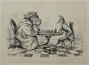 Löwe und Fuchs beim Schach.