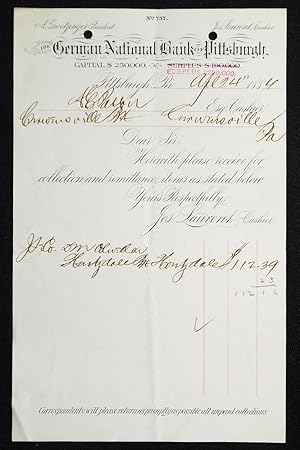 The German National Bank of Pittsburgh [letterhead] 1884 addressed to Alexander Ennis Patton