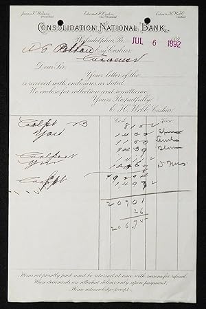 Consolidation National Bank, Philadelphia, Pa. [letterhead] 1892 addressed to Alexander Ennis Patton