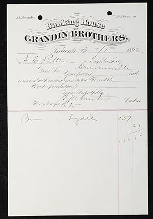 Banking House of Grandin Brothers [letterhead] 1892 addressed to Alexander Ennis Patton