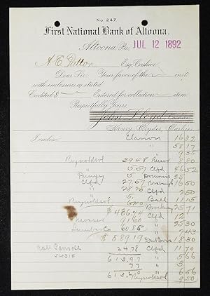 First National Bank of Altoona [letterhead] 1892 addressed to Alexander Ennis Patton