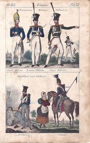 Bild des Verkufers fr ORIGINAL!! Keine REPRO, Grafik:,Tafel mit 2 (zwei) schnen, farbigen Original-Lithographien,hier: III. Band, Tafel 33 Europa, Preussisches Militr. Infantrie. 1. Garde Officier. Linien Officier. Jger Officier / Cavallerie und Artillerie. Artillerist. Uhlane" zum Verkauf von Antiquariat Kastanienhof