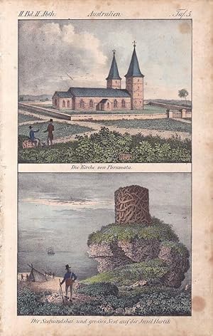 Seller image for ORIGINAL!! Keine REPRO, Tafel mit 2 (zwei) schnen, farbigen Original-Lithographien, hier: II. Band II. Abtheilung Tafel 5 Australien, Die Kirche von Paramata / Die Seehundsbai und grosses Nest auf der Insel Hartik" for sale by Antiquariat Kastanienhof