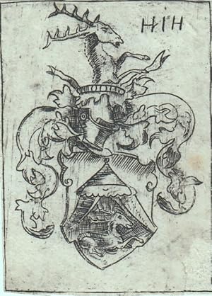 Bild des Verkufers fr In einfacher Linienfassung das Wappen (vor offenem Zelt liegender Hirsch, Stechhelm im Profil und auf Wulst wachsender Hirsch), oben rechts "H I H". zum Verkauf von Antiquariat  Braun