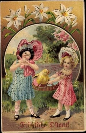 Ansichtskarte / Postkarte Glückwunsch Ostern, Mädchen mit Küken und Ostereiern
