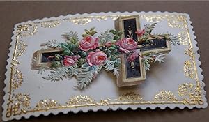 Andachtsbild. Frei montiertes Kreuz mit Goldumrahmung. Um 1875. 11,7 x 7,8 cm. - rückseitig am Ra...
