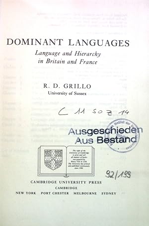 Immagine del venditore per Dominant Languages: Language and Hierarchy in Britain and France. venduto da books4less (Versandantiquariat Petra Gros GmbH & Co. KG)