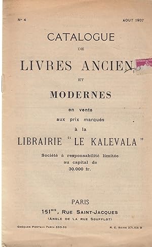 Image du vendeur pour Catalogue de livres anciens et modernes en vente aux prix marqus  la librairie "Le Kalevala". mis en vente par PRISCA