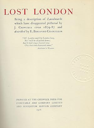 LOST LONDON: BEING A DESCRIPTION OF LANDMARKS WHICH HAVE DISAPPEARED PICTURES BY J. CROWTHER CIRC...