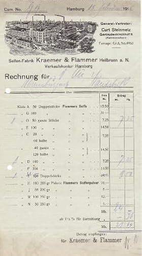 Bild des Verkufers fr Rechnung der Seifen-Fabrik Kraemer & Flammer, Heilbronn a.N., Verkaufskontor Hamburg, General-Vertreter : Curt Steinmetz, Gertrudenkirchhof 11 (J`Hammoniahaus). Handschriftlich ausgefllter Vordruck, datiert Hamburg 15. Februar 1915. zum Verkauf von Antiquariat Heinz Tessin