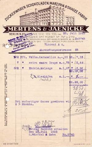 Rechnung der Firma Mertens & Jaenicke, Berlin N.20, Kolonie Str. 134-136. Zuckerwaren - Schokolod...