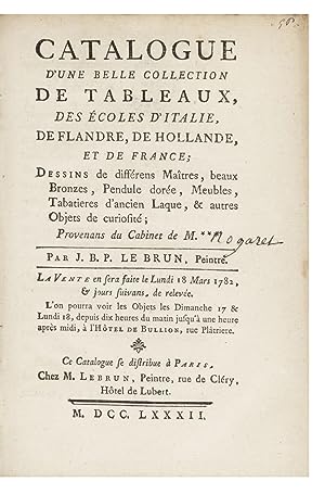Catalogue d'une belle Collection de Tableaux, des Ecoles d'Italie, de Flandre, de Hollande, et de...