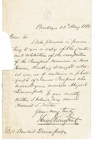 AUTOGRAPH LETTER ABOUT A CENTENNIAL CELEBRATION IN NEW HAVEN SIGNED BY BROOKLYN CITY PLANNER HENR...