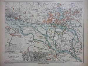 Orig. kolorierter Holzstich: Hamburg - Umgebung von Hamburg. Karte. Meyers Konversations-Lexikon,...