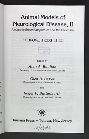 Seller image for Animal Models of Neurological Disease, II: Metabolic Encephalopathies and Epilepsies. Neuromethods, Band 22 for sale by books4less (Versandantiquariat Petra Gros GmbH & Co. KG)