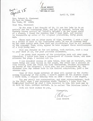 A TYPED LETTER SIGNED by ALAN HEWITT to the WIDOW OF ROBERT E. SHERWOOD. Together with 8 PAGES of...