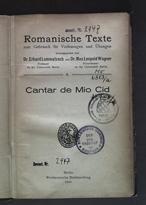 Bild des Verkufers fr Cantar de Mio Cid - Romanische Texte zum Gebrauch fr Vorlesungen und bungen: 4. zum Verkauf von books4less (Versandantiquariat Petra Gros GmbH & Co. KG)