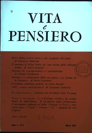 Immagine del venditore per Felice Balbo (1913-1964) o del progresso dell'uomo Vita e Pensiero, Anno L, N.3 venduto da books4less (Versandantiquariat Petra Gros GmbH & Co. KG)