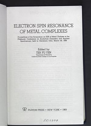 Image du vendeur pour Electron Spin resonance of Metal Complexes. mis en vente par books4less (Versandantiquariat Petra Gros GmbH & Co. KG)