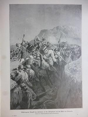 Bild des Verkufers fr Weltkrieg 1 - Milungener Angriff der Italiener an der Isonzofront auf die Hhe von Doberdo. Nach einer Originalzeichnung von M. Barascudts. zum Verkauf von Allguer Online Antiquariat