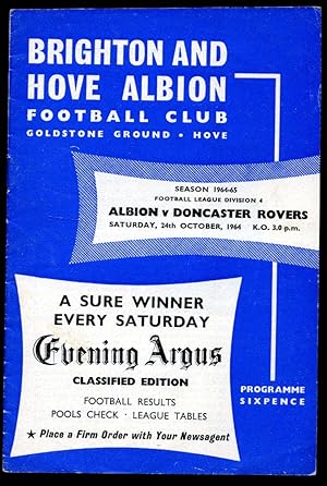 Immagine del venditore per Brighton and Hove Albion V Doncaster Rovers. Saturday, 24th October 1964. Football League Division Four. Season 1964-65. Official Football Programme. Goldstone Ground Hove. venduto da Little Stour Books PBFA Member