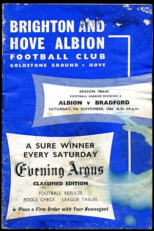 Immagine del venditore per Brighton and Hove Albion V Bradford. Saturday, 7th November 1964. Football League Division Four. Season 1964-65. Official Football Programme. Goldstone Ground Hove. venduto da Little Stour Books PBFA Member