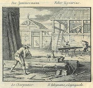 ZIMMERMANN. "Der Zimmermann". Drei Zimmermänner beim Bearbeiten von zwei Holzbalken für den Hausbau.