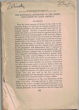 The Historical Geography of the Negro Population of Latin America. Signed association copy. First...