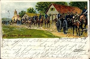 Litho Auf dem Marsche, Soldaten, Artillerie Train