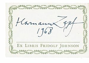 SIGNATURE OF TYPE DESIGNER AND CALLIGRAPHER HERMANN ZAPF ON PRESSMAN FRIDOLF JOHNSON'S BOOK LABEL.