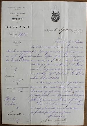Lettera su carta intestata del sindaco di Bazzano a quello di Serravalle. Bazzano 18 agosto 1885