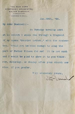Seller image for Typed letter signed ("Walter Damrosch"), to Ericsson F. Bushnell, offering him a role in his opera "The Scarlet Letter" for sale by James Cummins Bookseller, ABAA