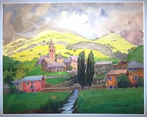 Image du vendeur pour [Paisaje rural con aldea, campos y montaas al fondo]. mis en vente par Librera Anticuaria Antonio Mateos