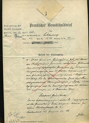 Preußischer Grundschuldbrief. 23 000 Goldmark.