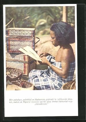 Postcard Suriname, met palmbast, palmblad en bladnerven, gedrenkt in zelfbereide kleuren