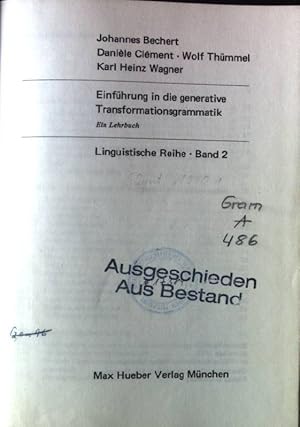 Seller image for Einfhrung in die generative Transformationsgrammatik, Linguistische Reihe, Band 2 for sale by books4less (Versandantiquariat Petra Gros GmbH & Co. KG)