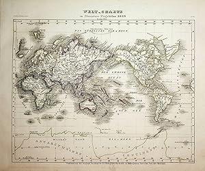 WORLD MAP MERCATOR PROJECTION / WELTKARTE MERCATOR-PROJEKTION LANDKARTE / 1856; Titel: Welt-Chart...