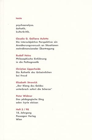 Bild des Verkufers fr texte. psychoanalyse. sthetik. kulturkritik. Heft 4. 98. zum Verkauf von AMAHOFF- Bookstores