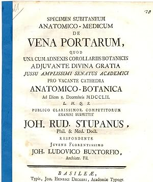 Bild des Verkufers fr Specimen subitaneum anatomico-medicum de vena portarum. zum Verkauf von Wissenschaftliches Antiquariat Kln Dr. Sebastian Peters UG