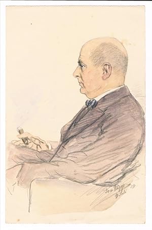Aquarelliertes Bleistiftportrait eines Herrn mit Zigarre. Signiert: Jon Popp, Neuhof 4.Juli 1924.