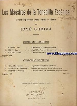 Imagen del vendedor de Los maestros de la tonadilla escnica. Transcripciones para canto y piano. Cuaderno primero (Cancin de la gitana habilidosa, Seguidilla dolorosa de una enamorada y Cancin satrica de pronsticos). a la venta por Llibreria Antiquria Els Gnoms