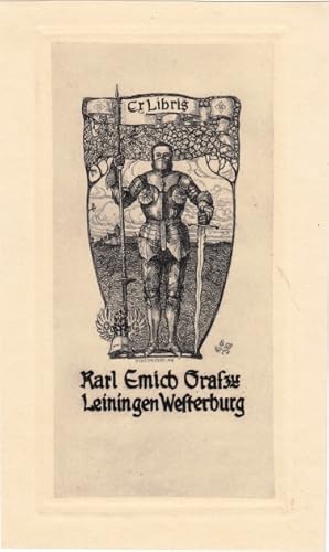 Ex Libris Karl Emich Graf zu Leiningen Westerburg. Stehender Ritter, dahinter Burg Neuleiningen a...