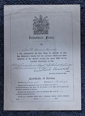 Volunteer Force Discharge Certificate of Service to a Private Francis Kennedy with Facsimile Sign...